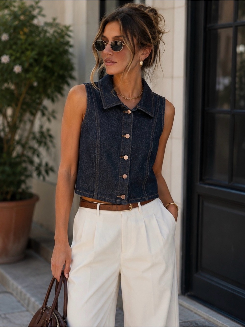 ZARA Cropped Dark Blue Denim Sleeveless Vest Size Medium